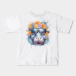 Watercolor Floral Hippo Kids T-Shirt